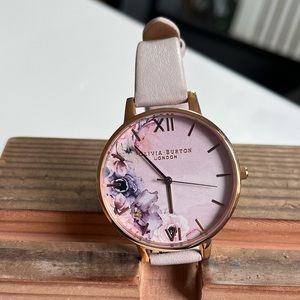Olivia Burton watch, blush leather band, floral pattern face, rose gold hardware